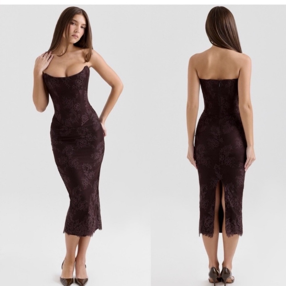 ✨NEW✨House Of CB Larra Lace Strapless Midi Dress in Brown Chocolate Plum Corset